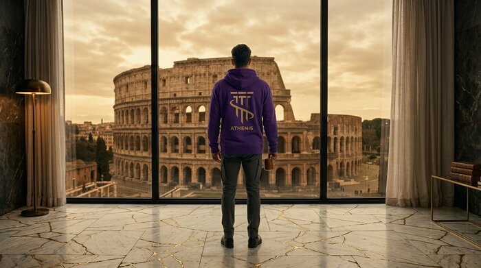 Fotograma del capítulo 1: un hombre mira el coliseo desde su ventana